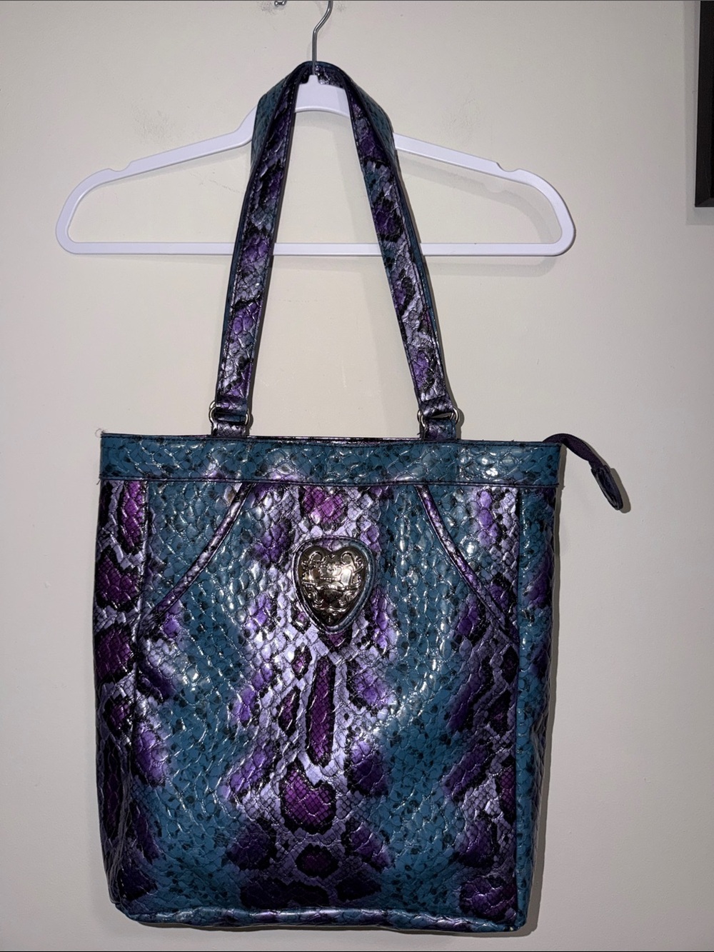 Kathy Van Zeeland Teal and Purple Snake-Print Tote with Heart Medallion